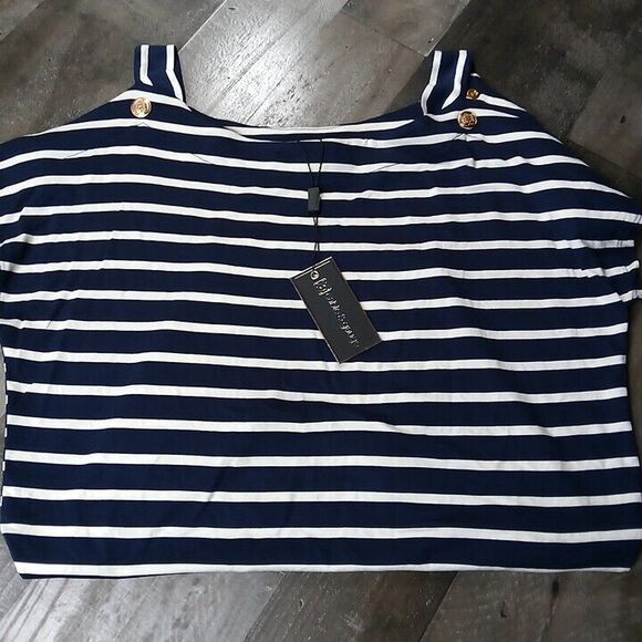 Cable & Gauge Size Small Blue White Striped Top T Shirt Open‎ Sleeve Gold Button - Picture 1 of 7